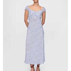 NWT Gap Women Maxi Dress Medium Blue Sweetheart Crepe Floral Smock Ruffle Summer